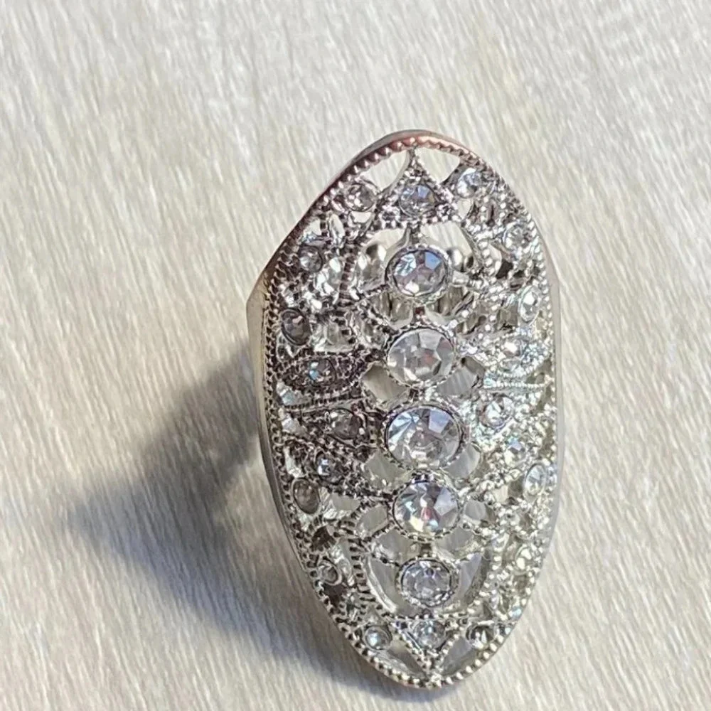 Beautiful Silver with Sparkling Rhinestones Fashion Statement Ring